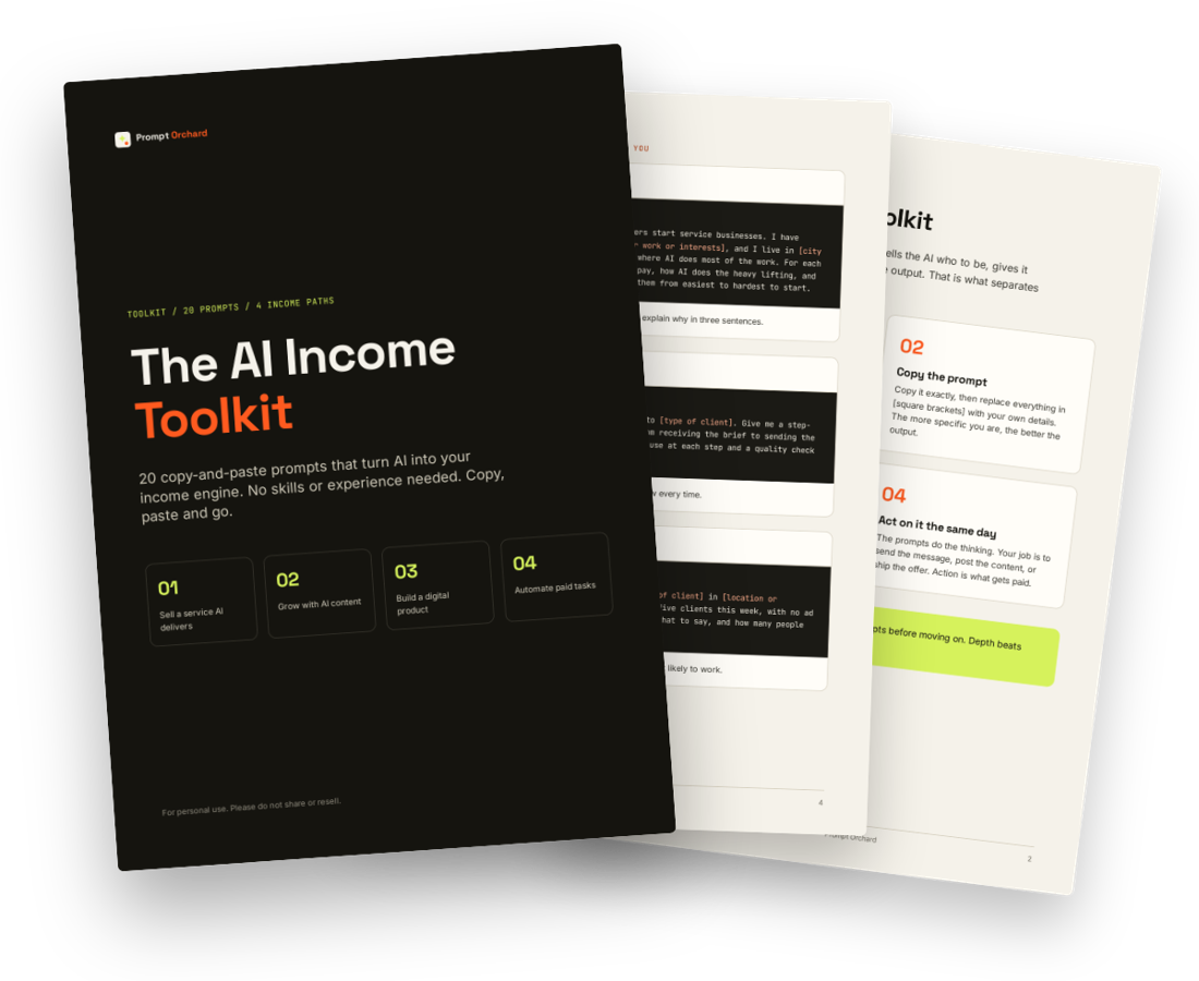 The AI Income Toolkit PDF: cover and inside pages showing ready-to-use prompts